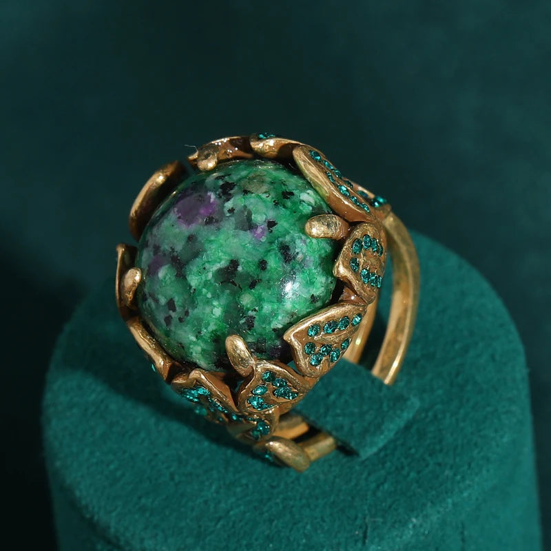 Vintage Green Peacock Rhinestone Ring – Gold Bohemian Style