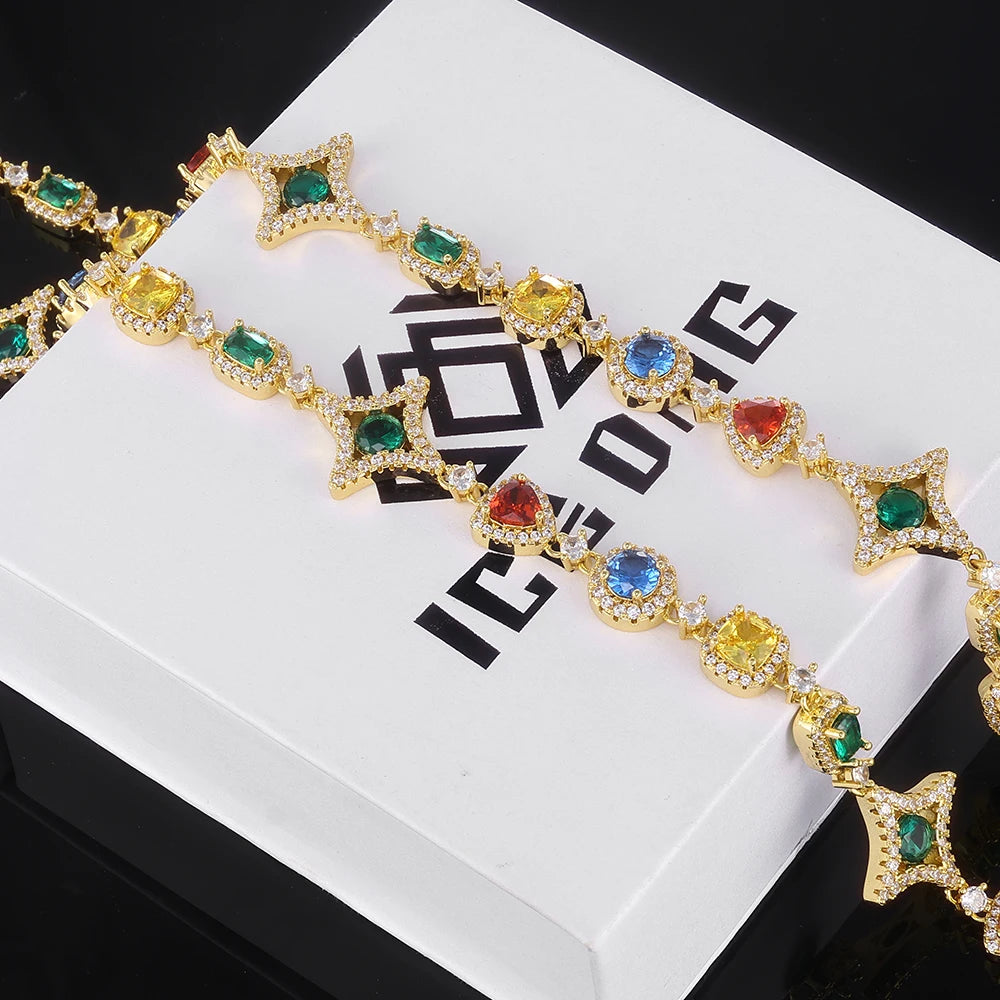 Hip Hop Iced Out CZ Necklace & Bracelet Set – Colored Crystal Bling Chain
