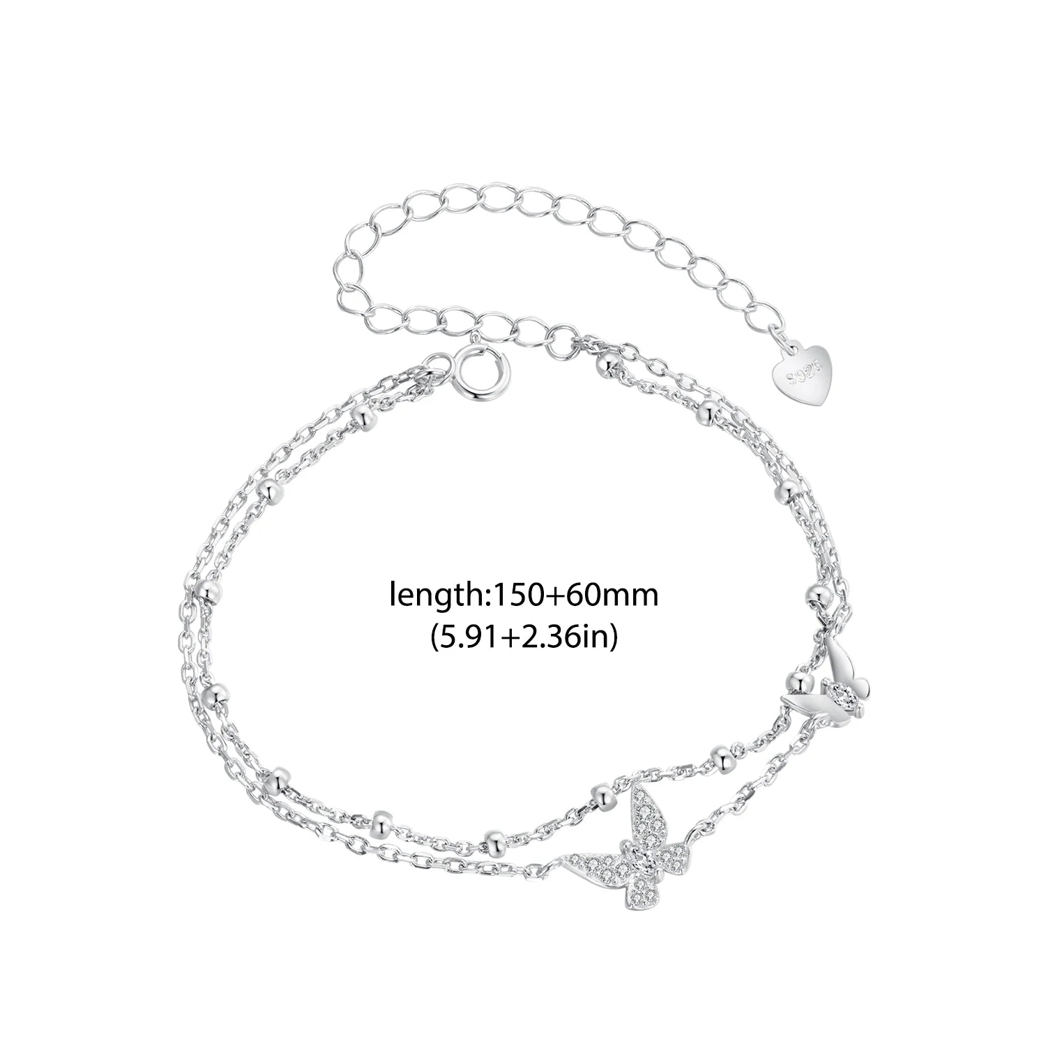 Double-Layer Butterfly Sterling Silver Bracelet – Adjustable CZ Gold Chain
