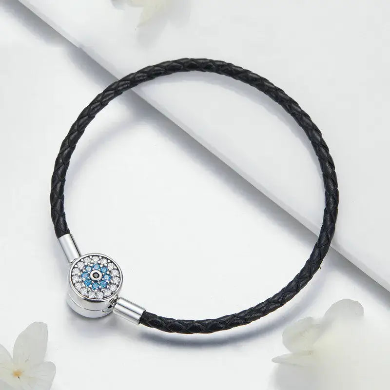Sterling Silver Round Clasp Leather Bracelet with Clear CZ for Women