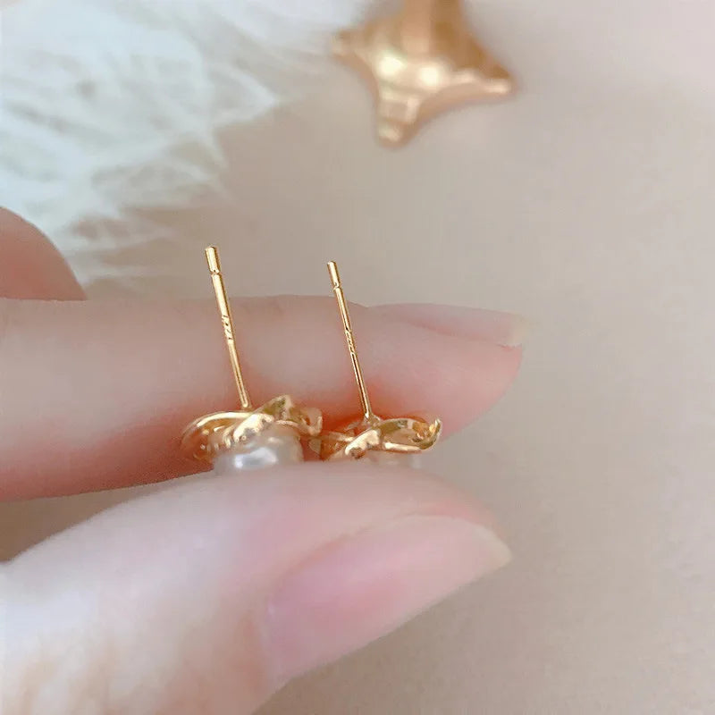 Gold Zircon Pearl Twist Stud Earrings – Luxury Women’s Jewelry