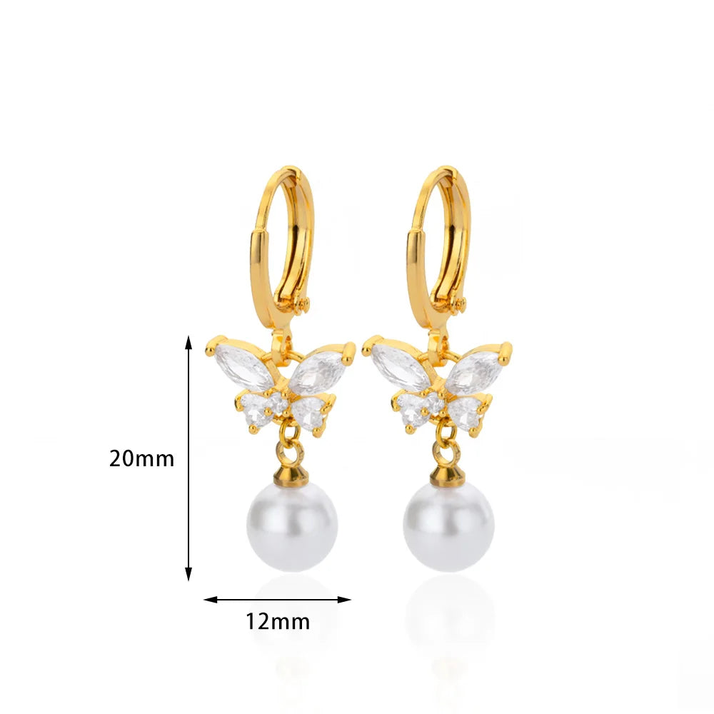 Gold Butterfly Pearl Zircon Earrings for Women – Luxury Jewelry Gift
