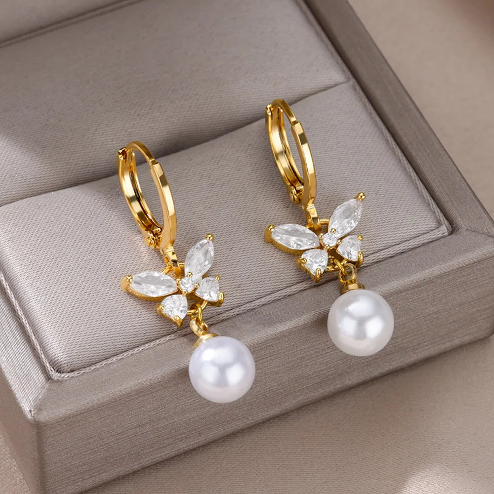 Gold Butterfly Pearl Zircon Earrings for Women – Luxury Jewelry Gift