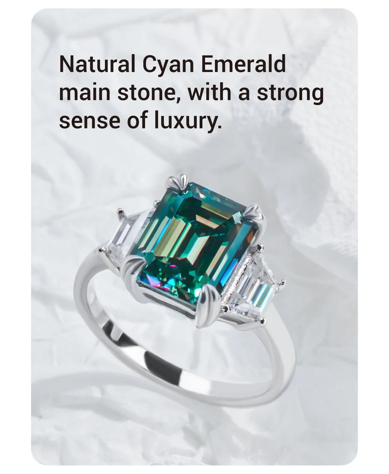 Luxury Emerald Cut Cyan Moissanite Engagement Ring in Sterling Silver