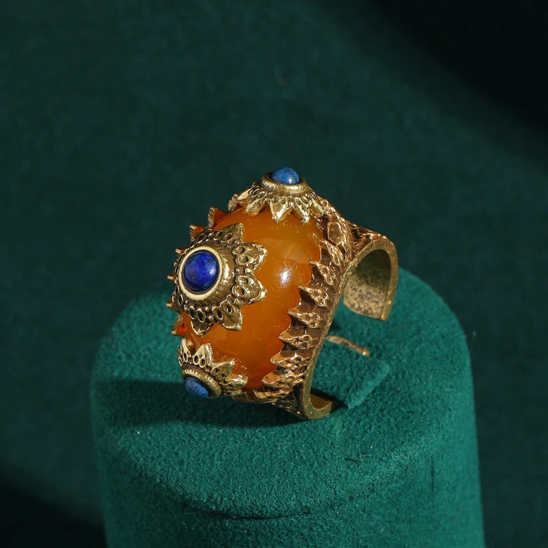 Vintage Blue Gold Sun Ring with Yellow Stone for Women