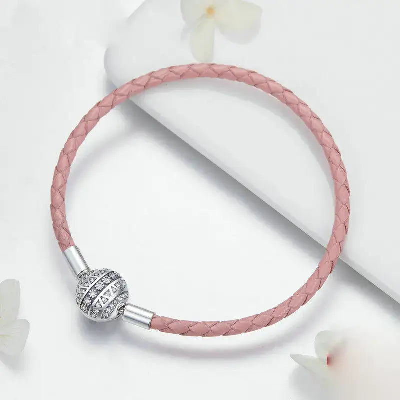 Sterling Silver Round Clasp Leather Bracelet with Clear CZ for Women