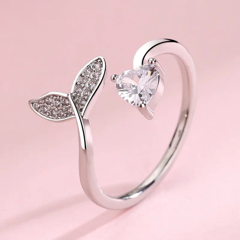 Mermaid Whale Tail Moonstone Stackable Ring – Blue Green Silver
