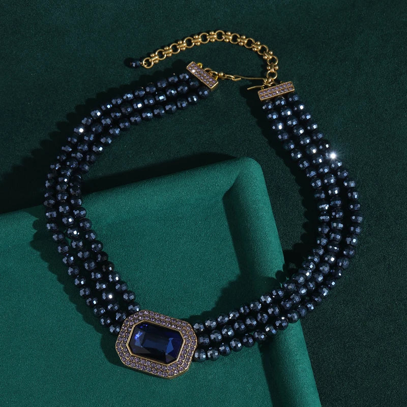 Blue Crystal Layered Beaded Necklace – Gold Summer Jewelry