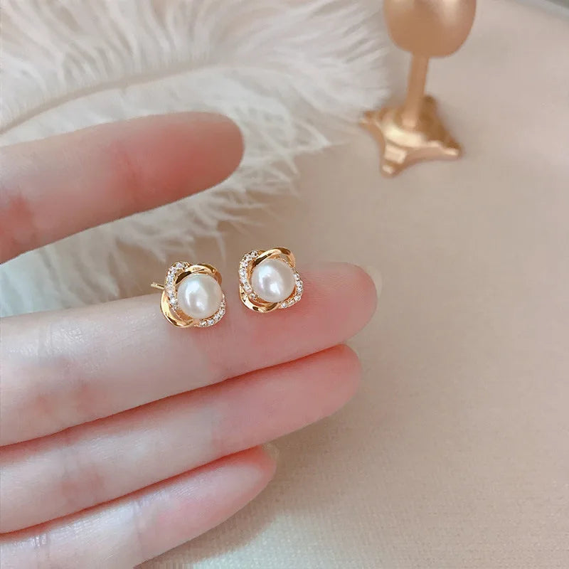 Gold Zircon Pearl Twist Stud Earrings – Luxury Women’s Jewelry