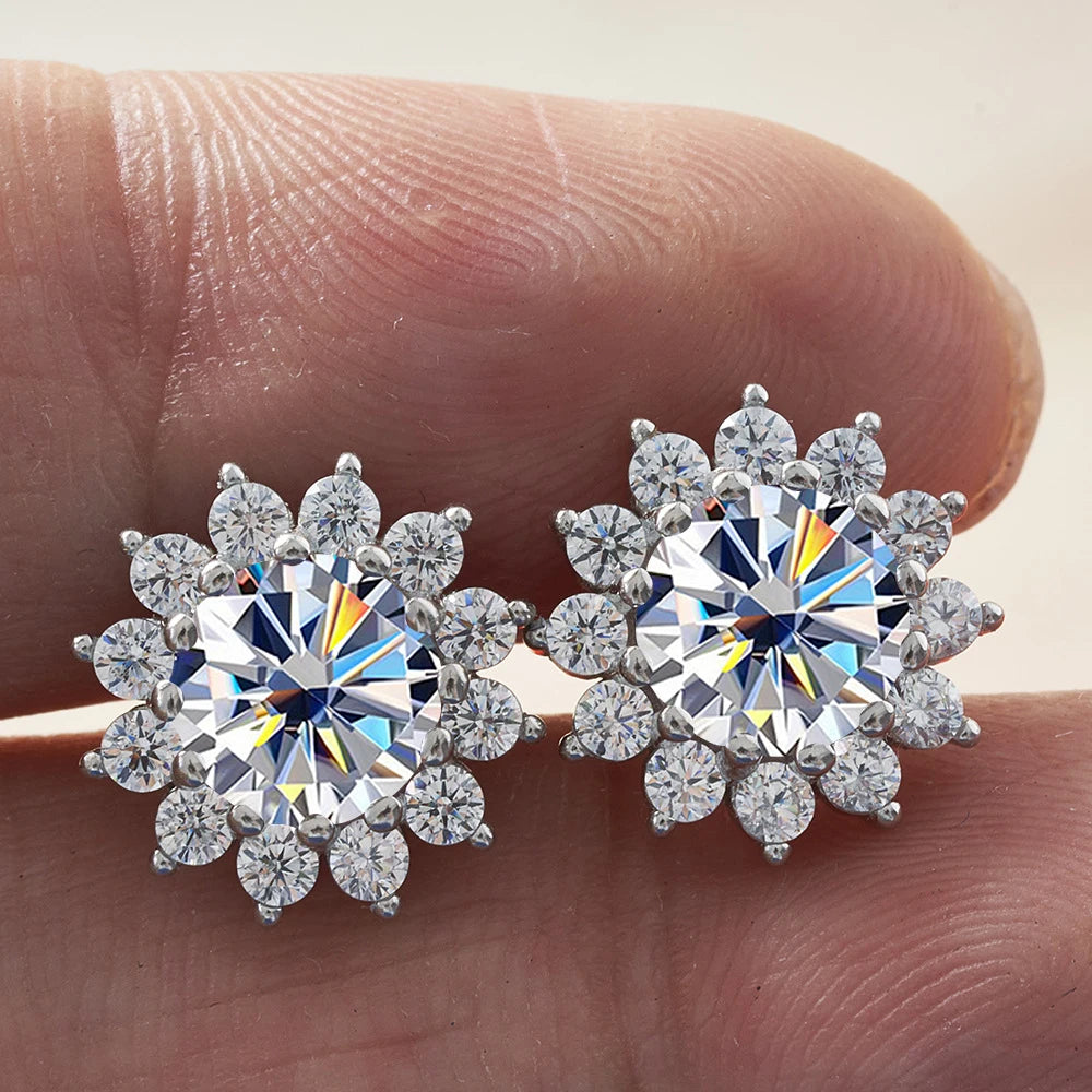 D Color Moissanite Sunflower Stud Earrings for Women in Sterling Silver