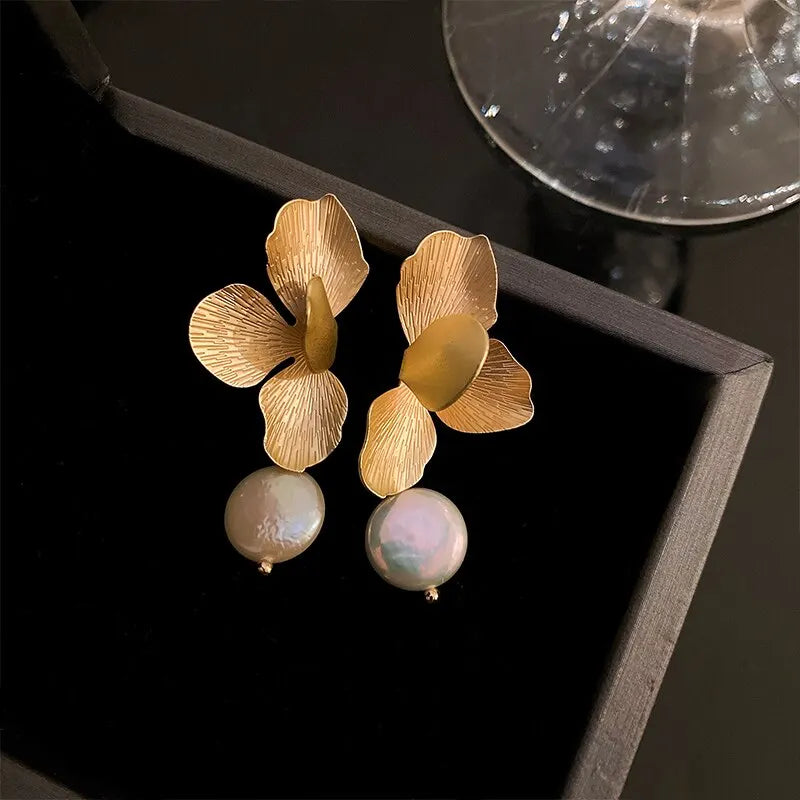 Vintage Gold Petal Flower Pearl Drop Earrings for Women