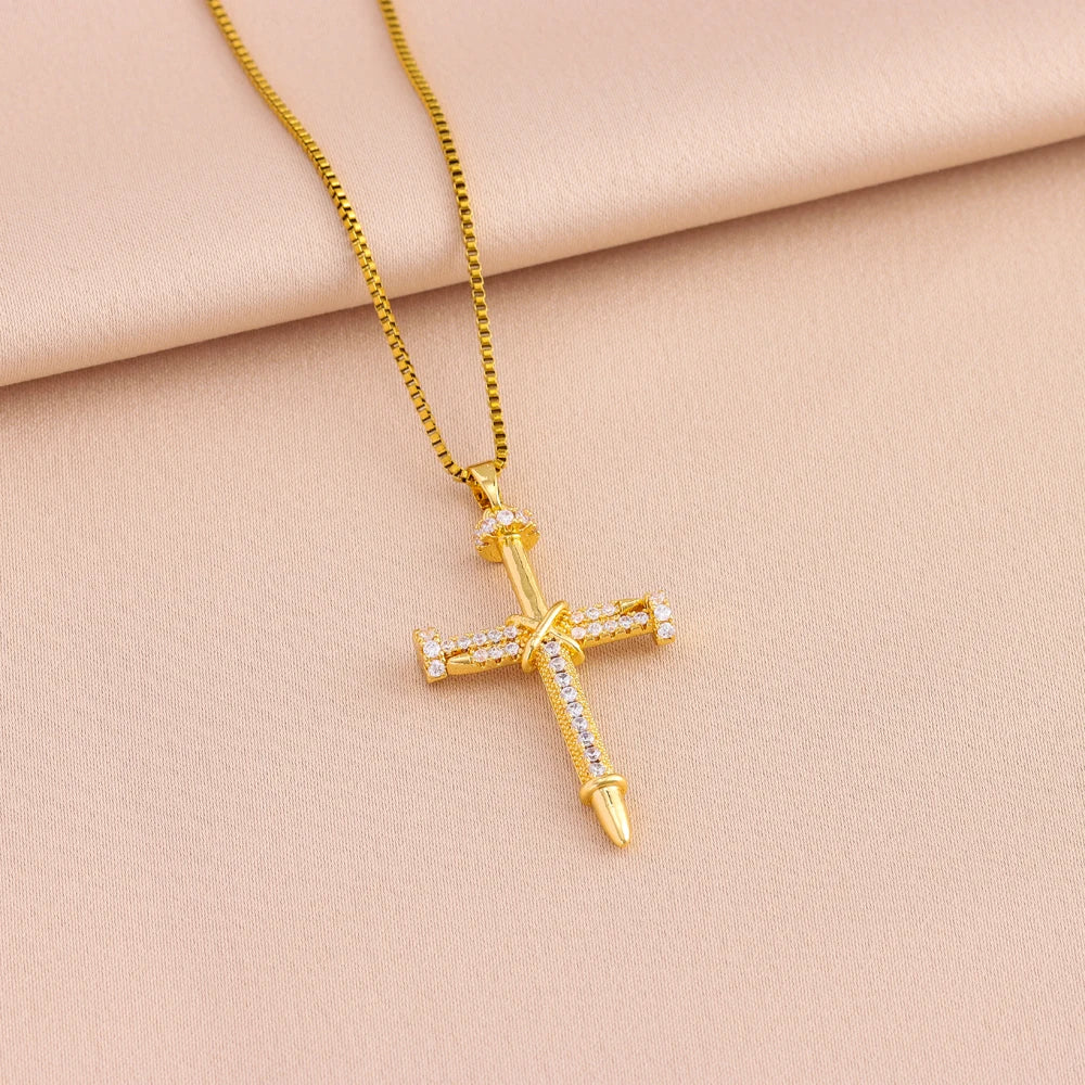 Zircon Inlay Nail Cross Pendant Necklace – Punk Stainless Steel Jewelry