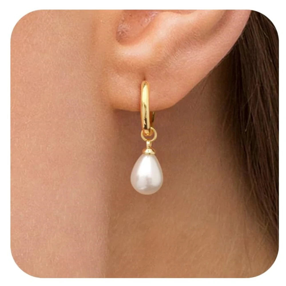Gold Plated Pearl Dangle Huggie Hoop Earrings for Women