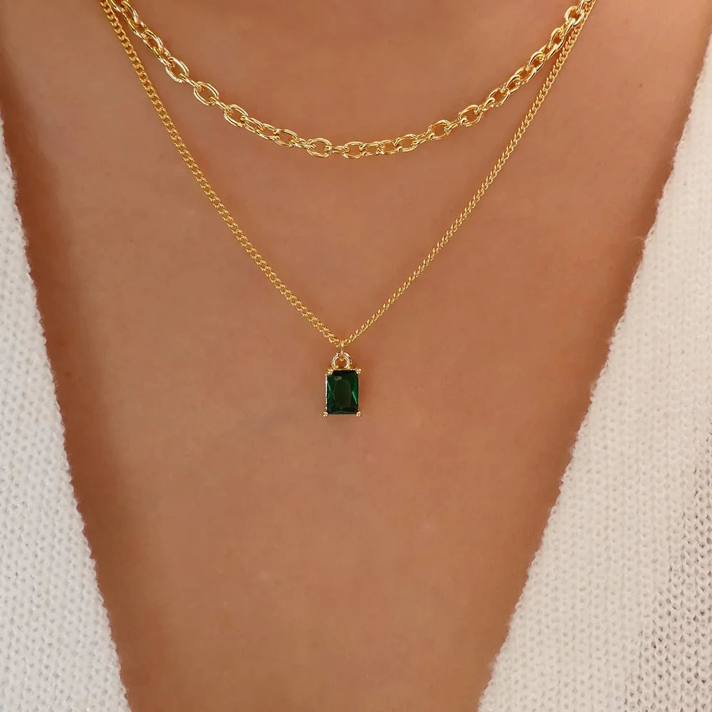Vintage Multi-Layer Stainless Steel Necklace with Green Crystal Pendant