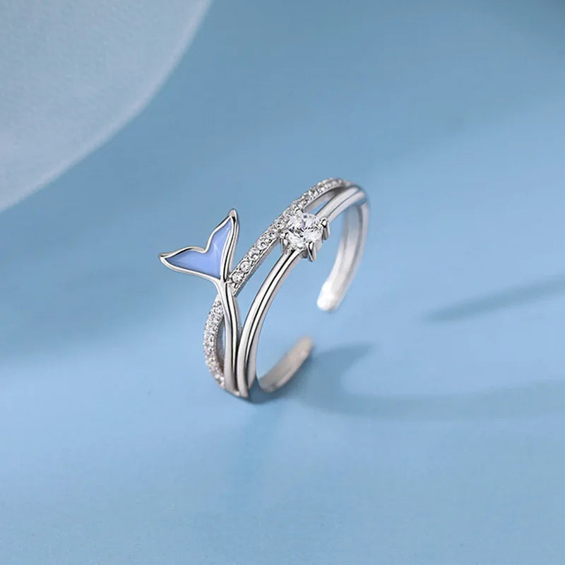 Mermaid Whale Tail Moonstone Stackable Ring – Blue Green Silver
