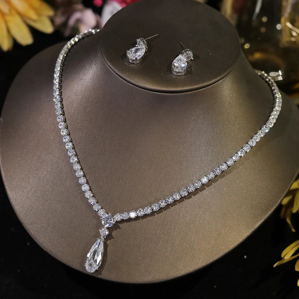 Classic Cubic Zirconia Water Drop Pendant Necklace Bridal Jewelry Set