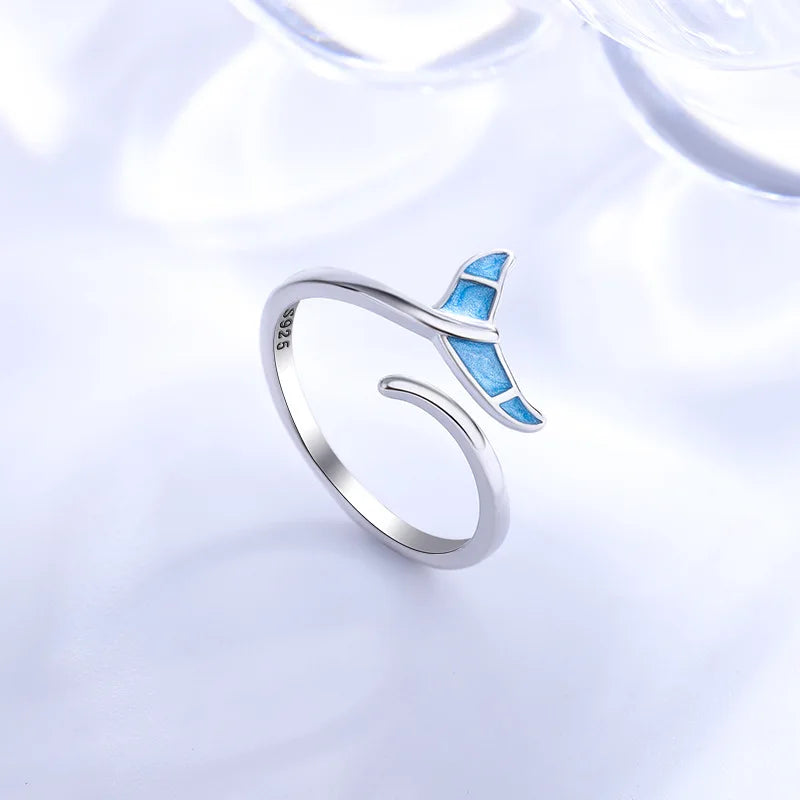 Mermaid Whale Tail Moonstone Stackable Ring – Blue Green Silver