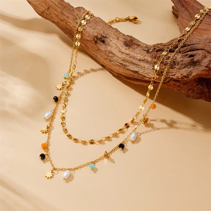 Gold Pearl Pentacle Star Pendant Necklace Jewelry Set