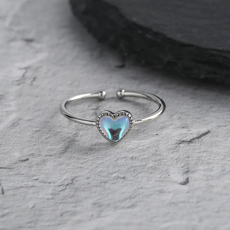 Mermaid Whale Tail Moonstone Stackable Ring – Blue Green Silver