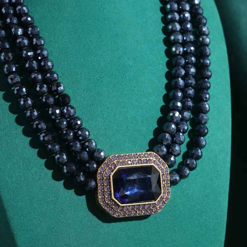 Blue Crystal Layered Beaded Necklace – Gold Summer Jewelry