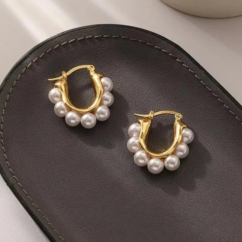 Gold U-Shaped Hoop Earrings with Imitation Pearls for Women