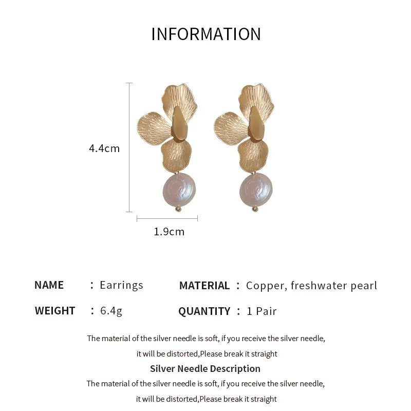 Vintage Gold Petal Flower Pearl Drop Earrings for Women