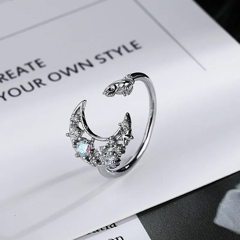 Mermaid Whale Tail Moonstone Stackable Ring – Blue Green Silver