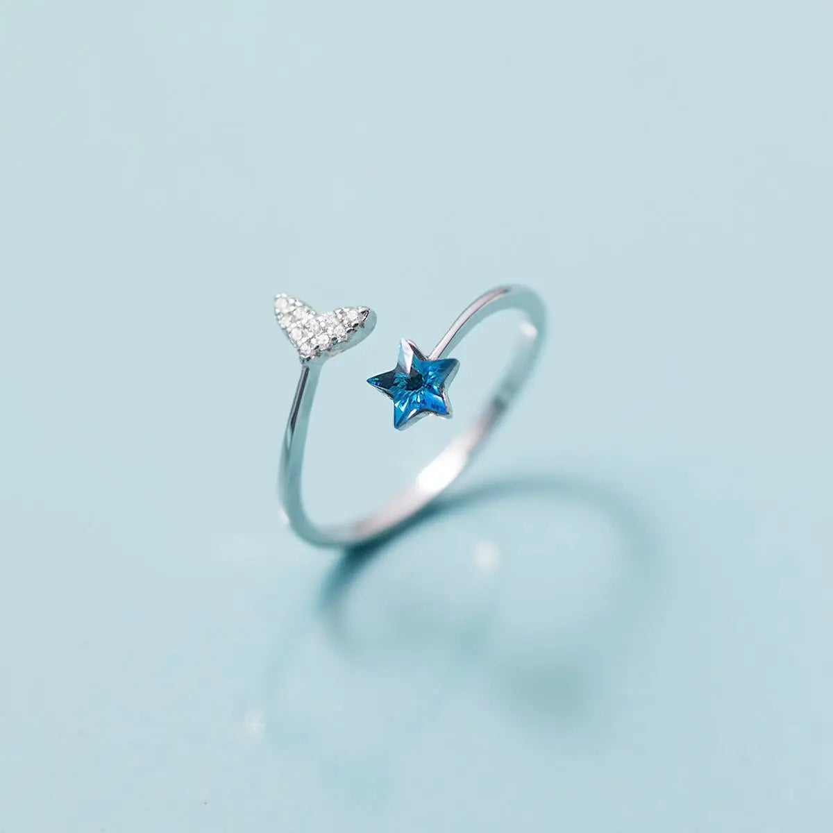Mermaid Whale Tail Moonstone Stackable Ring – Blue Green Silver