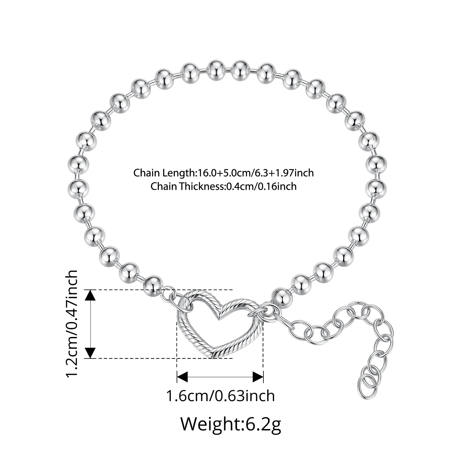 Sterling Silver Heart Charm Bead Link Bracelet for Women