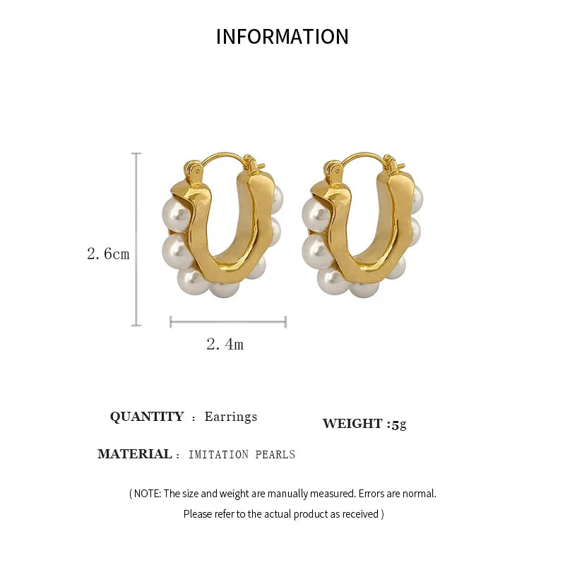 Gold U-Shaped Hoop Earrings with Imitation Pearls for Women