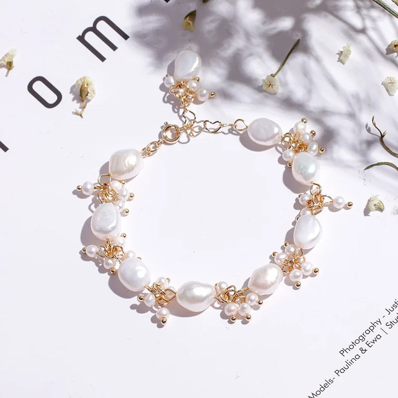 Handmade Baroque Pearl Charm Bracelet with Gold Fill Accents