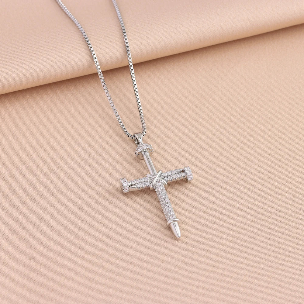 Zircon Inlay Nail Cross Pendant Necklace – Punk Stainless Steel Jewelry