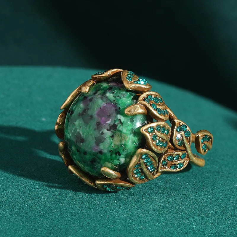 Vintage Green Peacock Rhinestone Ring – Gold Bohemian Style