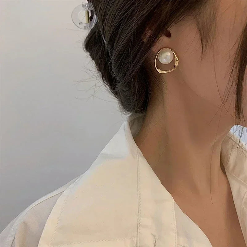 Gold Imitation Pearl Stud Earrings – Korean Irregular Design