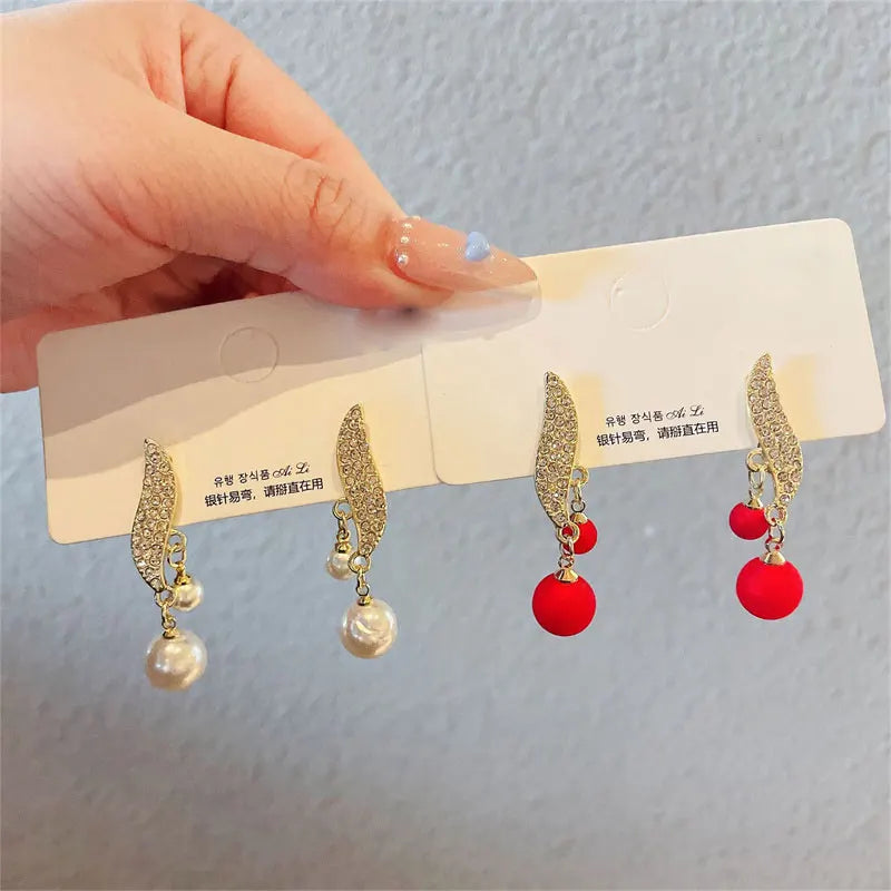 Classic Elegant Double Pearl Crystal Tassel Drop Earrings