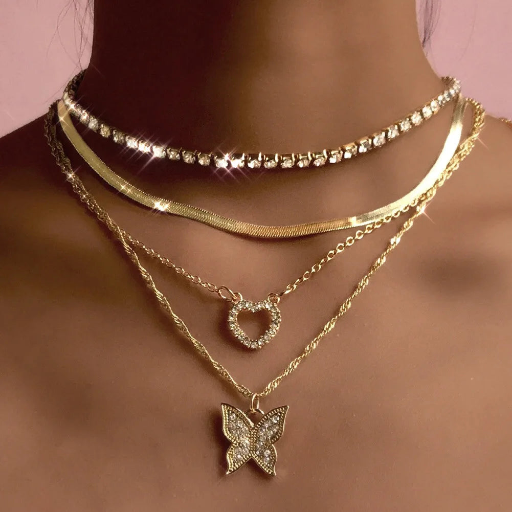 Multilayer Crystal Butterfly Heart Pendant Necklace for Women