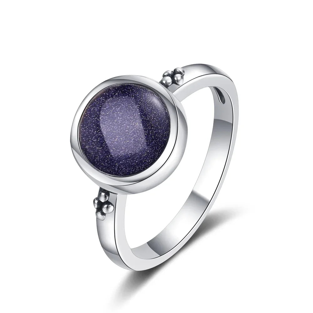 Vintage Round Natural Labradorite Silver Ring for Women