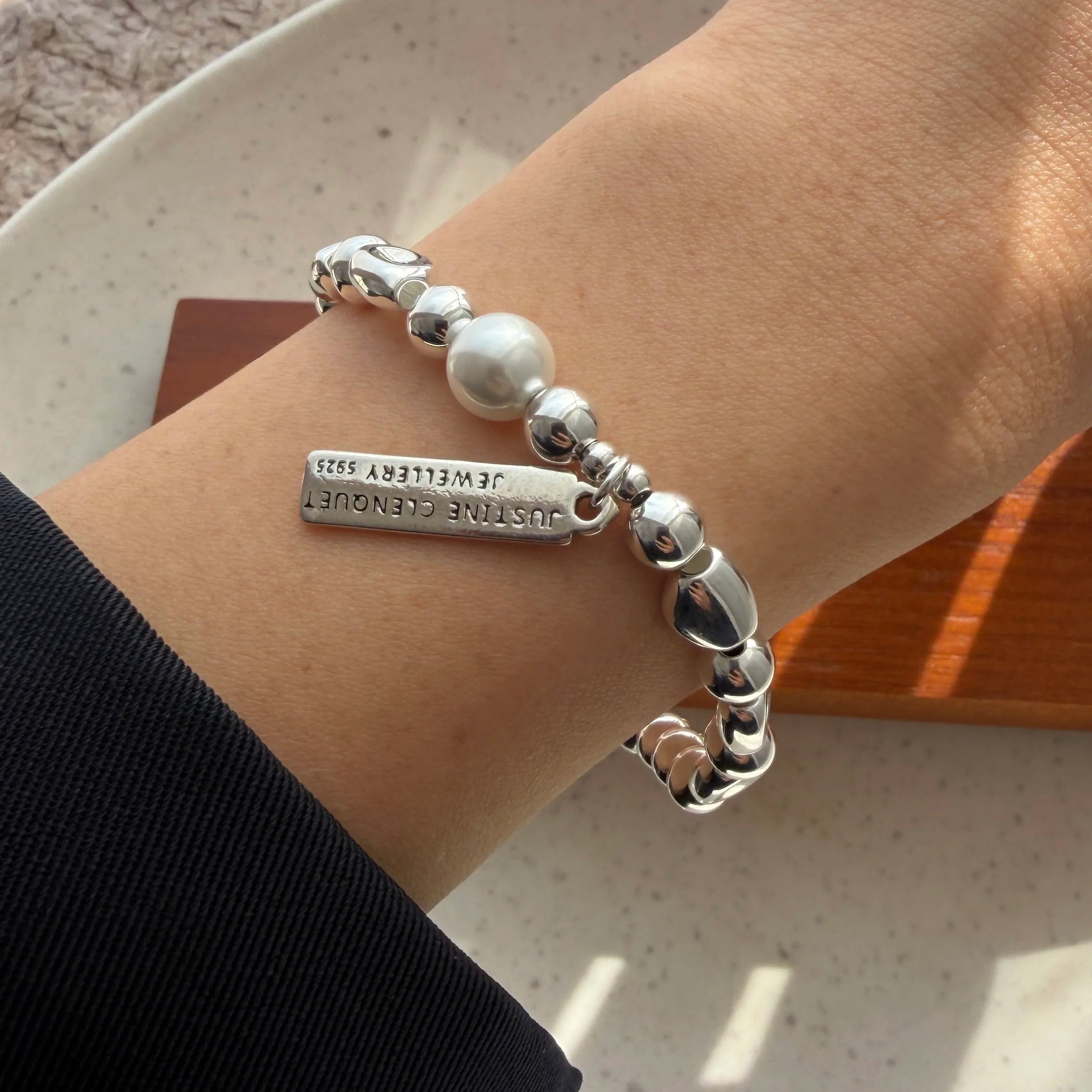 Retro Sterling Silver Geometric Pearl Bracelet