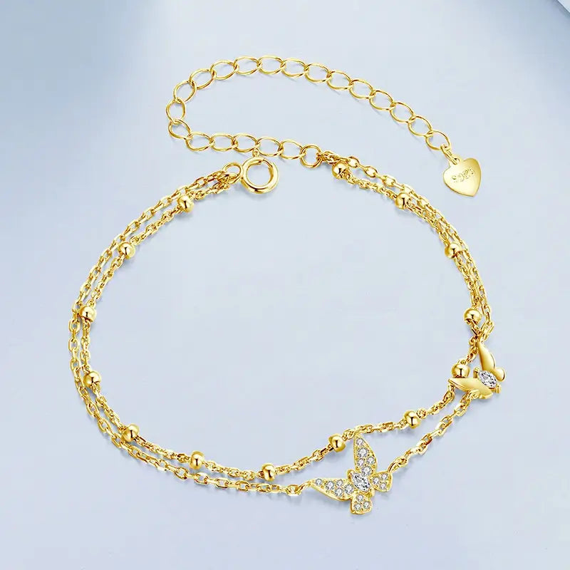 Sterling Silver Double-Layer Butterfly CZ Beaded Bracelet