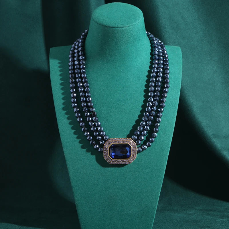 Blue Crystal Layered Beaded Necklace – Gold Summer Jewelry