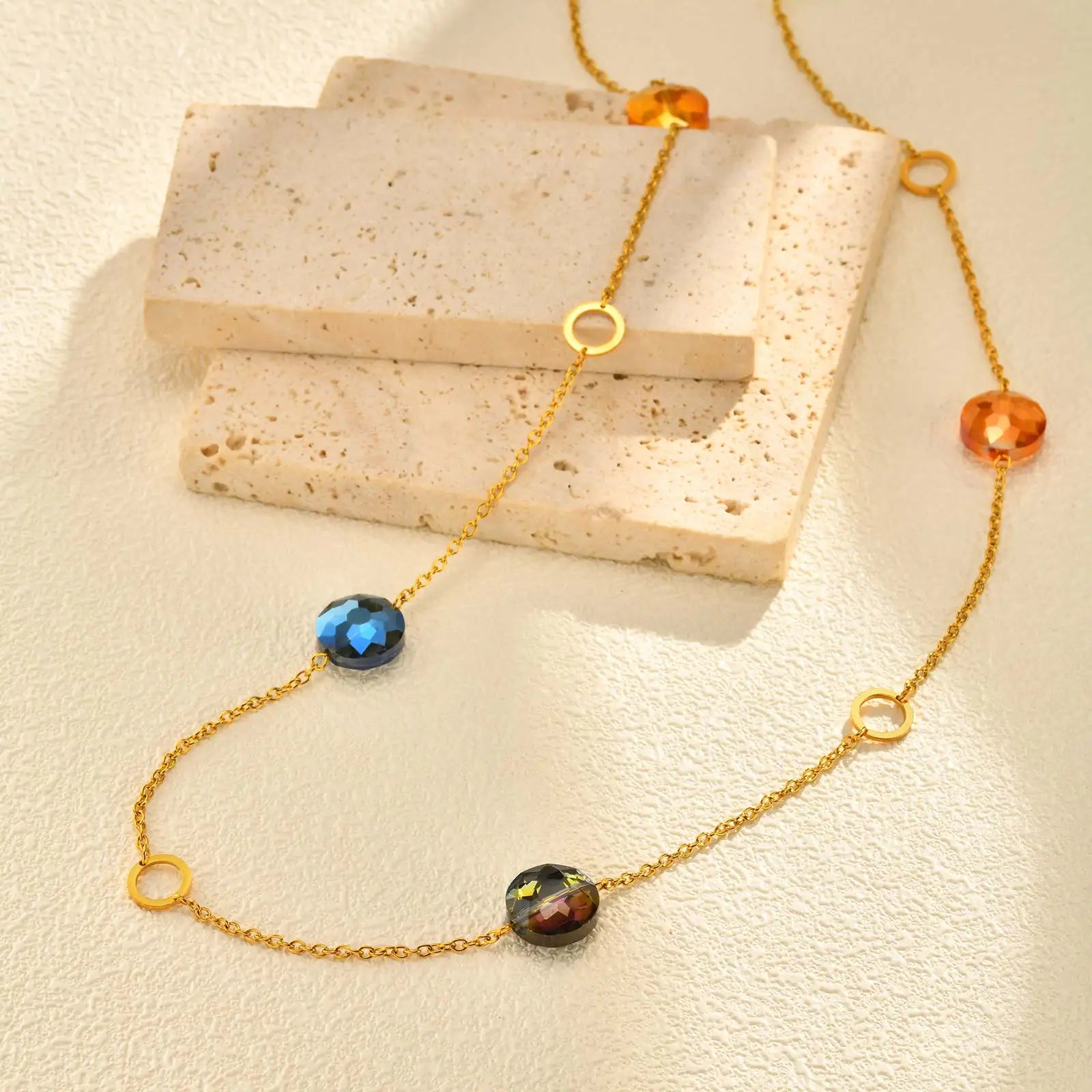 Geometric Beaded Long Layered Stainless Steel Necklace for Women