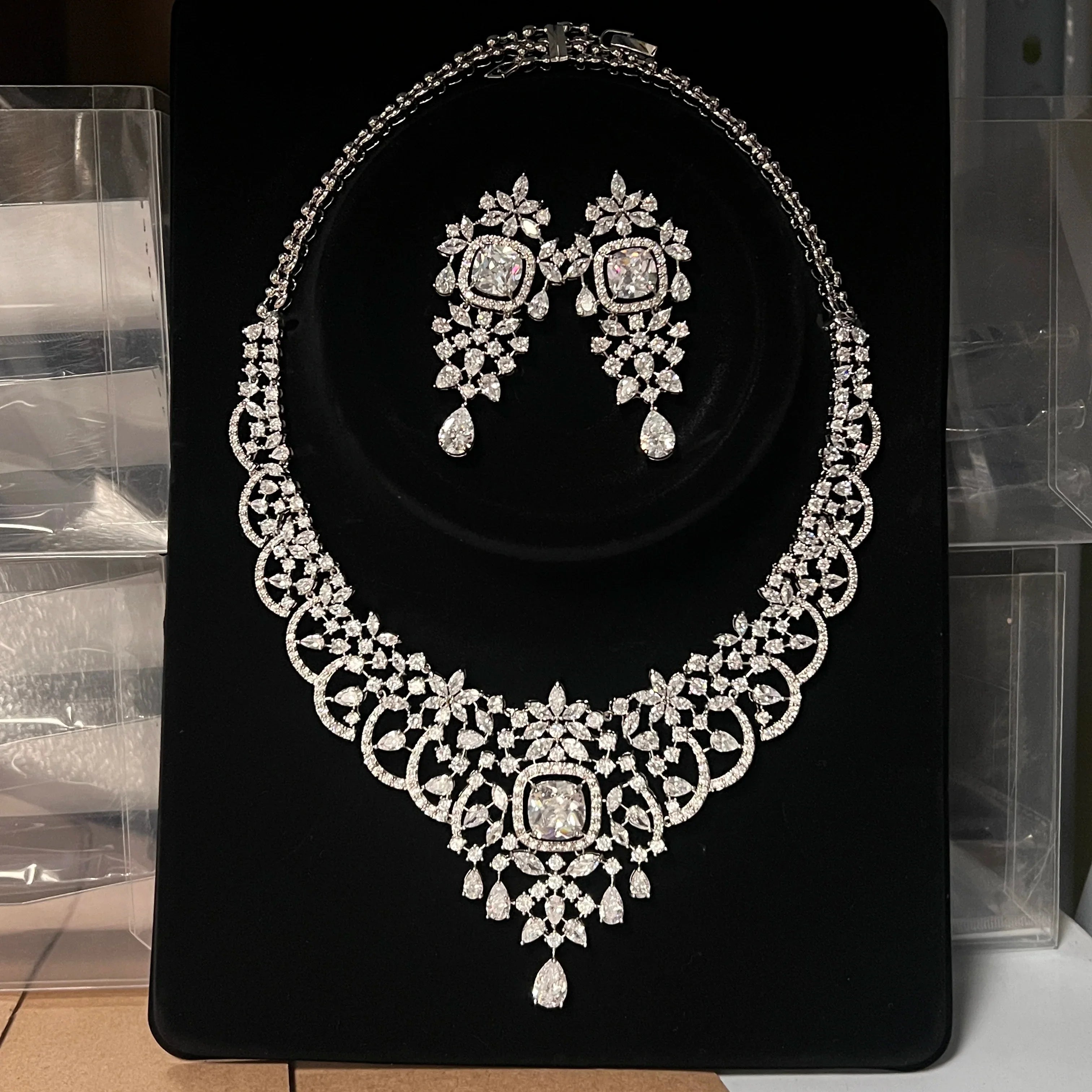 White Cubic Zirconia Necklace Set for Women Dubai Bridal Jewelry 2Pcs