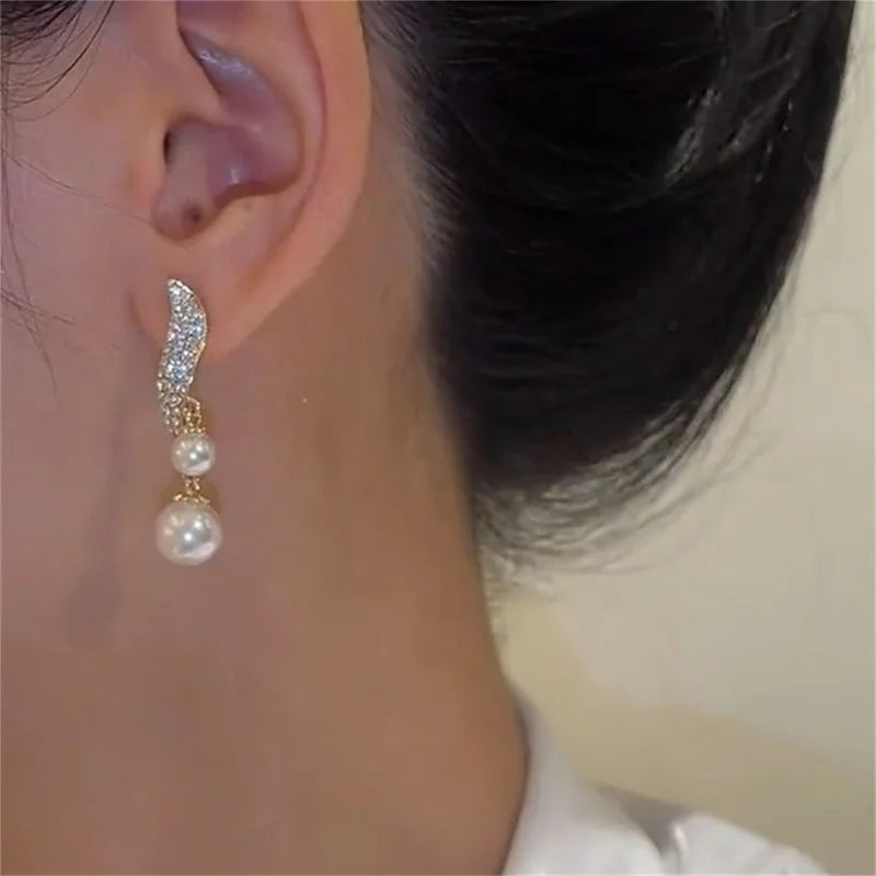 Classic Elegant Double Pearl Crystal Tassel Drop Earrings