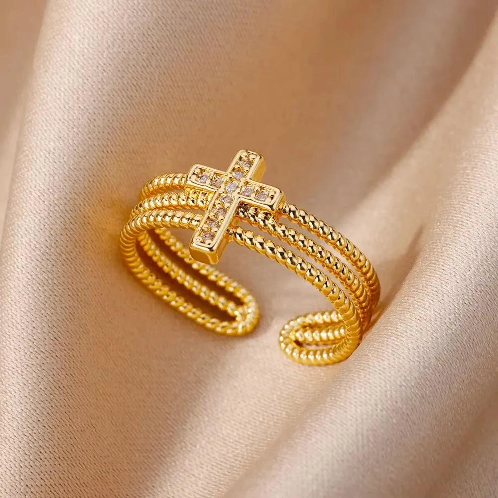 Gold CZ Geometric Eternity Ring – Silver Twisted Rope Stainless Steel