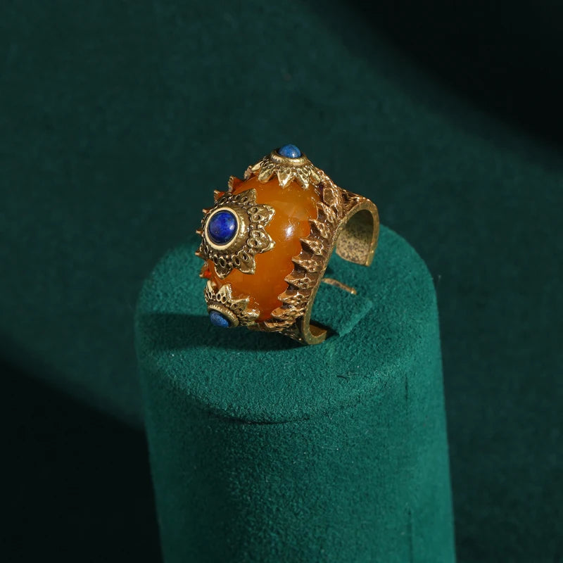 Vintage Blue Gold Sun Ring with Yellow Stone for Women