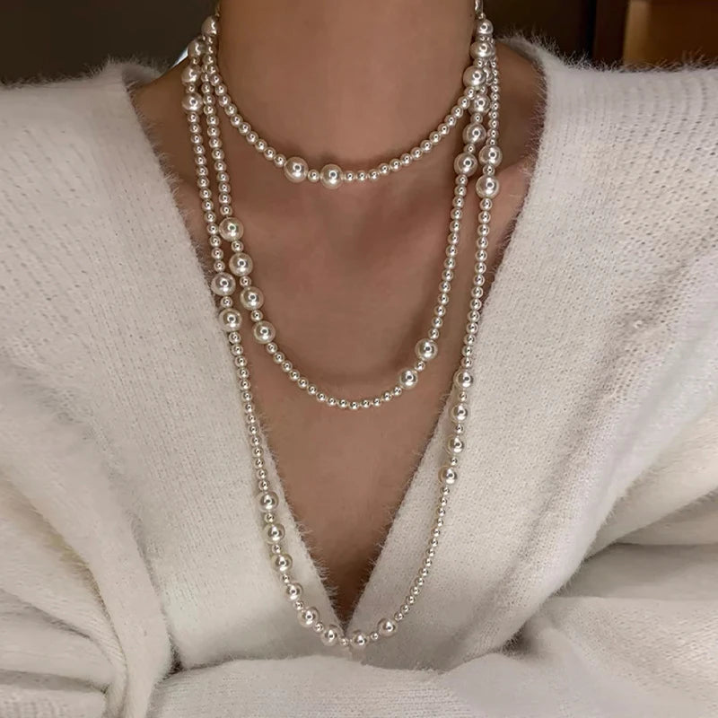 Vintage Multi-Layer Pearl Necklace – Elegant Sweater Chain