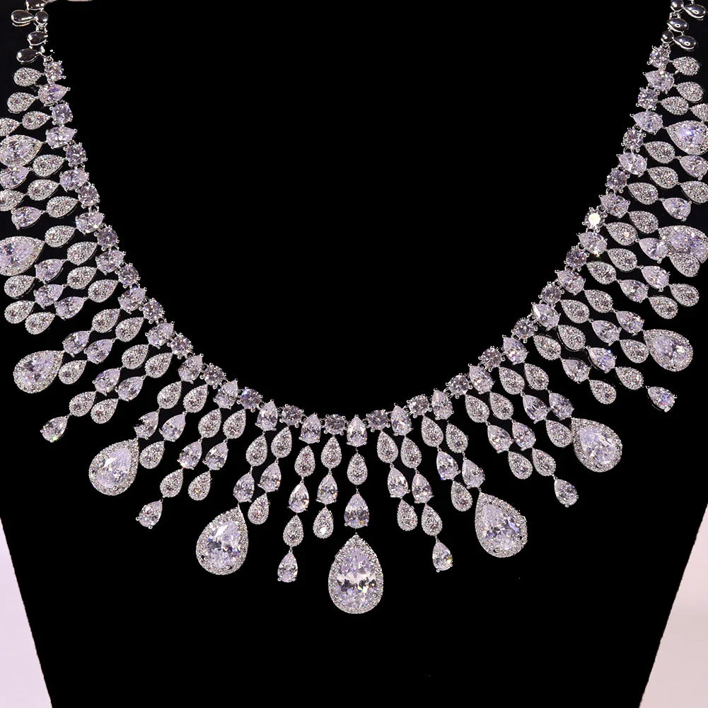 Luxury Water Drop Tassel Jewelry Set with White Cubic Zirconia for Brides