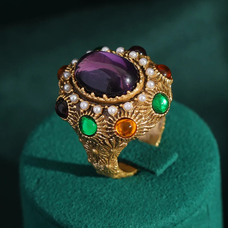 Gold-Plated Baroque Crystal and Pearl Oval Ring for Women