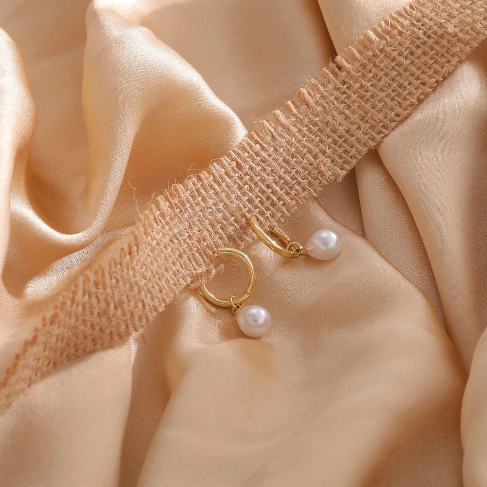 Gold Plated Pearl Dangle Huggie Hoop Earrings for Women