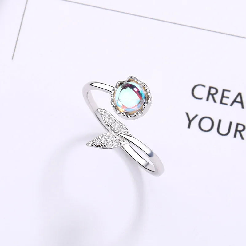 Mermaid Whale Tail Moonstone Stackable Ring – Blue Green Silver
